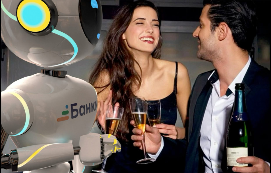 A robot and two people holding champagne glasses, with one person holding a bottle.