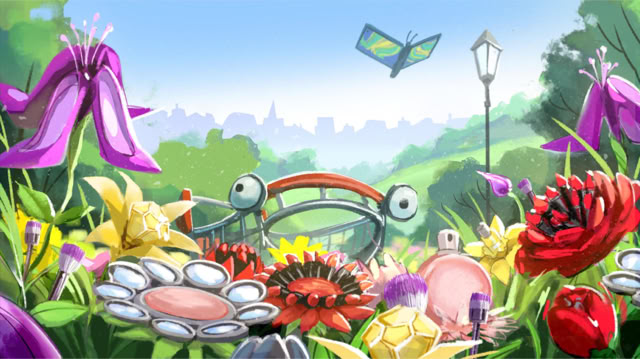 Concept art: the cart mascot in a garden of beauty products