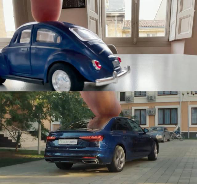 Toy-car test vs commercial still: sedan in a courtyard