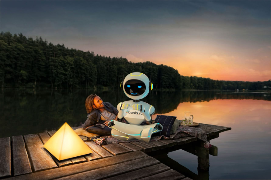 A person and a robot sitting on a wooden dock by a lake at sunset, with a glowing pyramid-shaped lamp beside them.