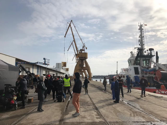 Crew setting up at the port